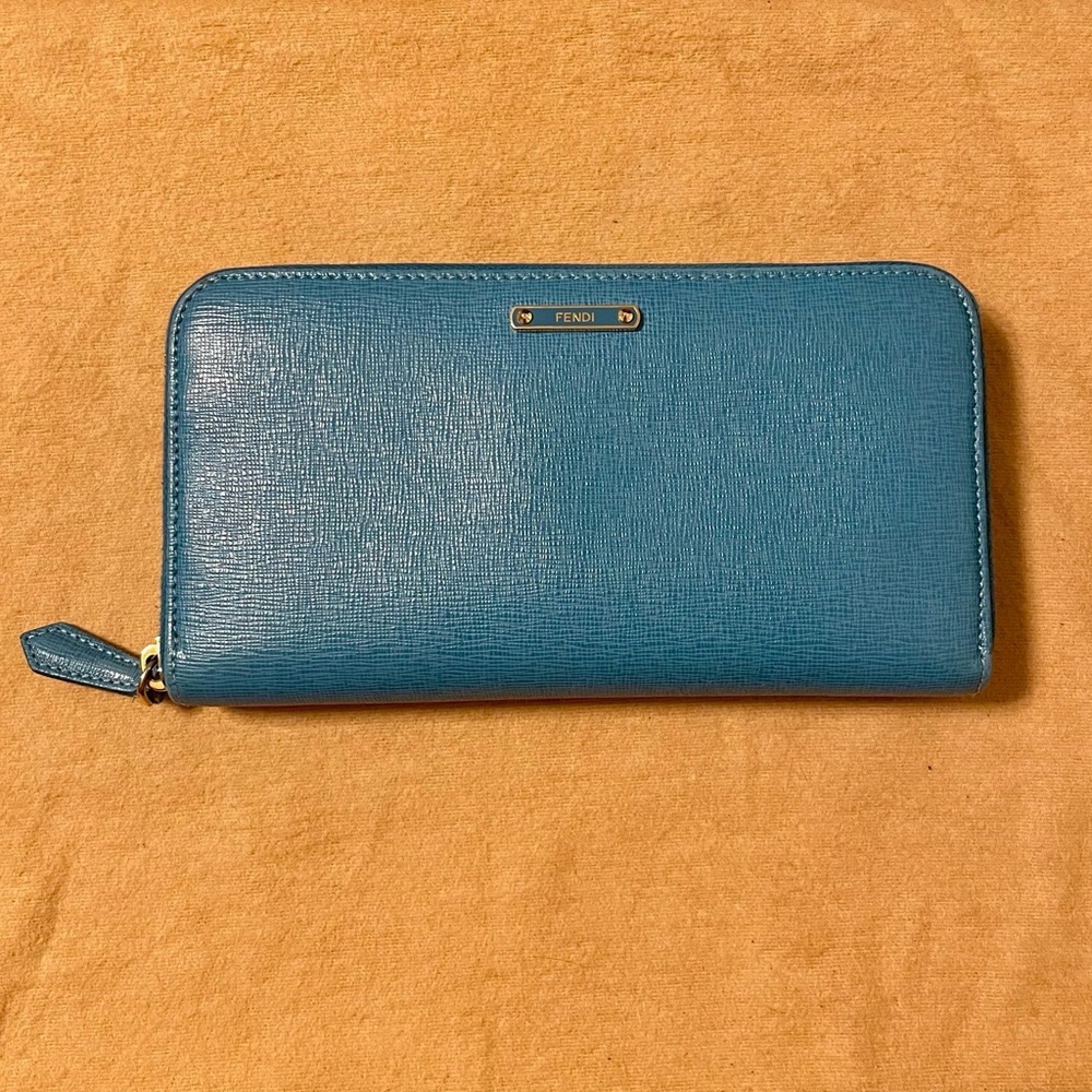 Fendi Zip Long Wallet Light Blue Leather